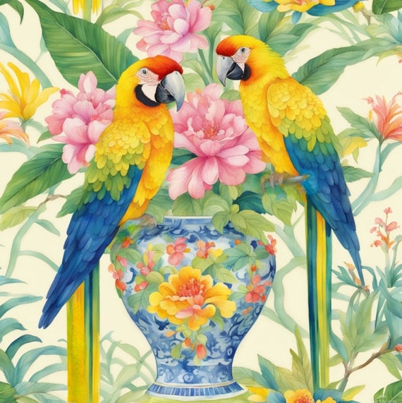 Grandmillennial art, Yellow Macaws and chinoiserie jar, watercolor painting