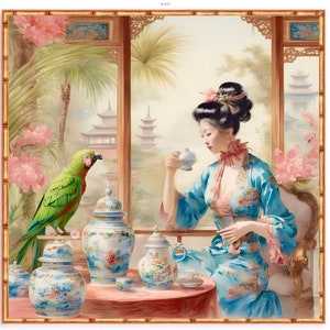 Chinoiserie art, Cherry blossom in the Tea Palace, chinoiserie giclee print
