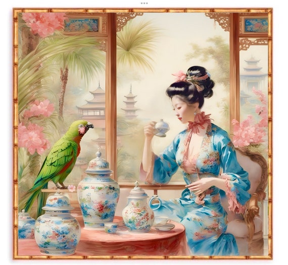 Chinoiserie art, Cherry blossom in the Tea Palace, chinoiserie giclee print