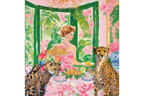 Preppy chinoiserie cheetahs having breakfast, whimsical fine art print