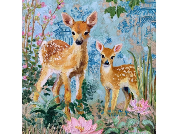 Chinoiserie Deer Art Print: Whimsical Grandmillennial Home Decor