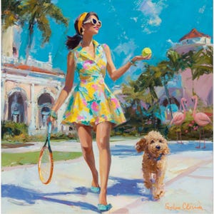 Palm Beach Tennis Art Print: Preppy Dog, Flamingos, Vintage Resort Vibes