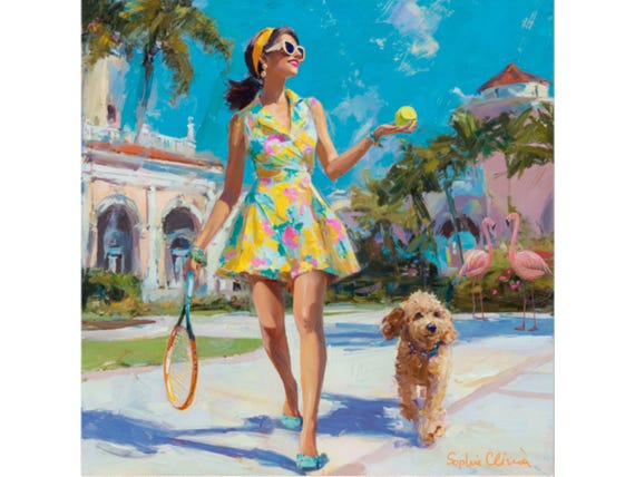 Palm Beach Tennis Art Print: Preppy Dog, Flamingos, Vintage Resort Vibes