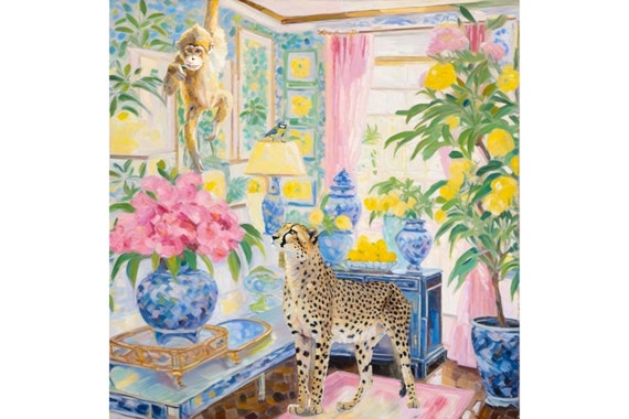 Grandmillennial art, Minding the cheeky monkey, preppy cheetah print