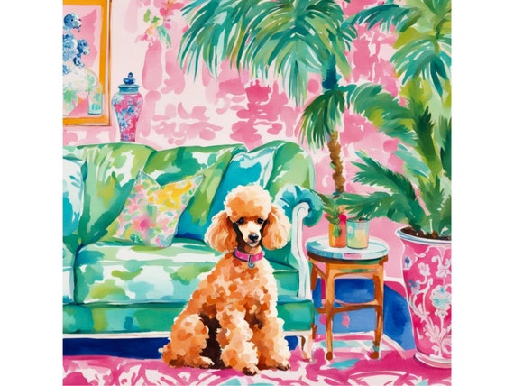 Brown Poodle pup in preppy Palm Beach interior, grandmillennial art
