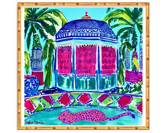 Grandmillennial art, Unique modern chinoiserie print of pink cheetah in Moroccan swimming pool