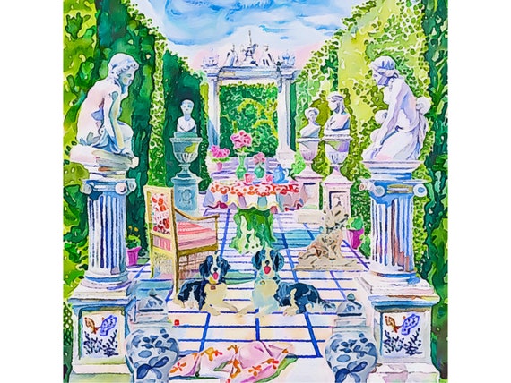 Grandmillennial art, Dogs in a formal garden, acrylic painting