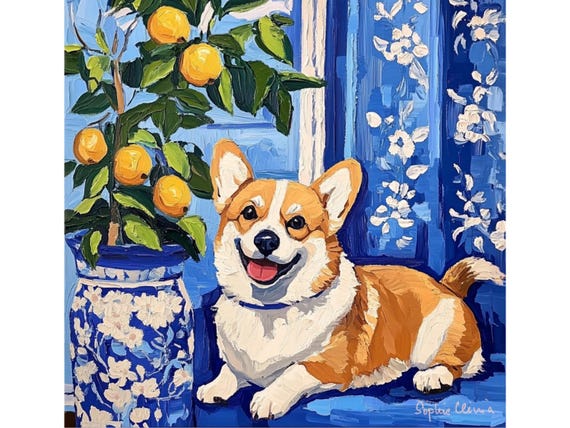 Grandmillennial art, Corgi in Blue and White Interior, whimsical dog print