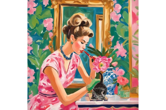 Grandmillennial art, Getting ready, preppy whimsical painting