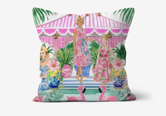 Party in pink cabana cushion, natural cotton canvas,  18”x18”