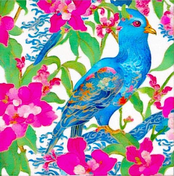 Chinoiserie Blue Bird Watercolor Painting: Hot Pink Orchids, Large 80x80 cm