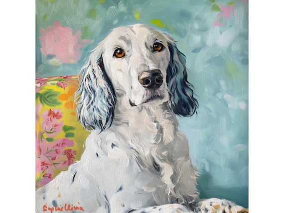 Grandmillennial art , English Setter portrait, whimsical dogs art
