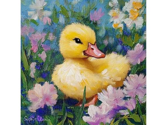 Duckling Giclee Art Print: Spring Flowers, Chinoiserie Style