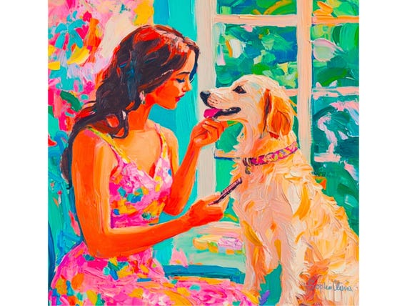 Grandmillennial art, Beauty Time, preppy Golden Retriever art