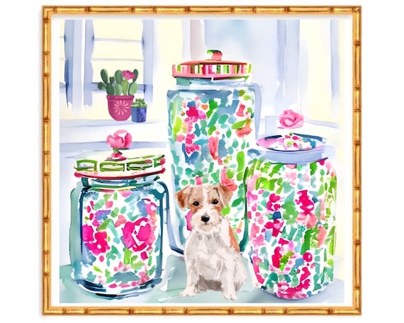 Grandmillennial art, Instant download Jack Russell among chinoiserie jars