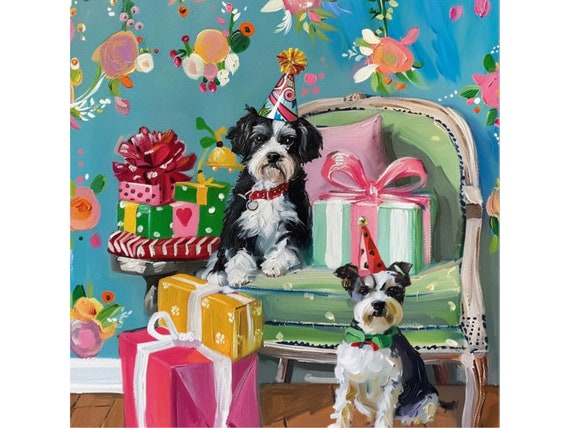 Birthday Terriers Watercolor Print: Whimsical Dog Art
