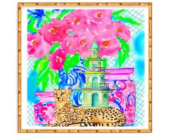Grandmillennial art, Unique modern chinoiserie print with cheetah and green pagoda
