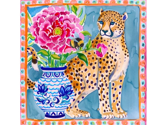 Grandmillennial art, Cheetah and a Bumble Bee, whimsical watercolor
