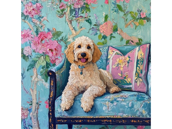 Grandmillennial art, Labradoodle in preppy chinoiserie interior, whimsical fine art
