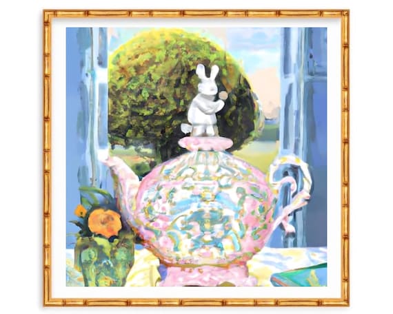 Grandmillennial art, Preppy Chinoiserie With toy rabbit