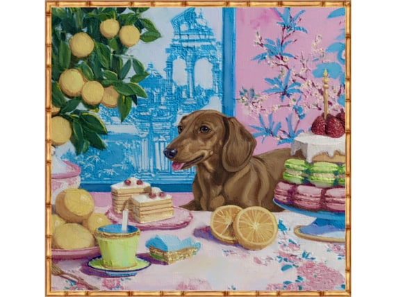 Afternoon Tea and Dachshund dog, whimsical watercolor