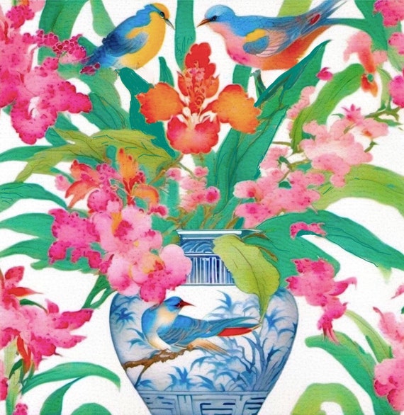 Grandmillennial art, Birds and pink orchids in chinoiserie jar, watercolor painting