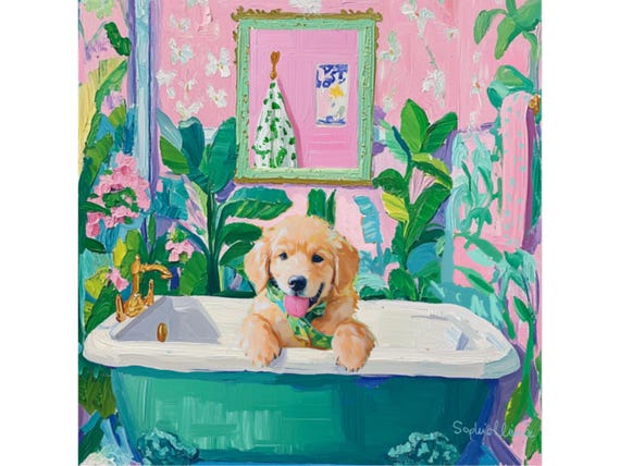 Grandmillennial art, Bath for puppy Labrador, whimsical wall art