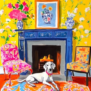 Original watercolor and ink sketch, Lurcher dog in yellow chinoiserie interior, 40x40cm bild 1
