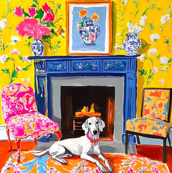 Original watercolor and ink sketch, Lurcher dog in yellow chinoiserie interior, 40x40cm
