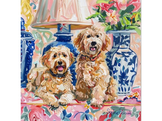 Grandmillennial art, Golden doodles in blush pink chinoiserie interior, whimsical painting