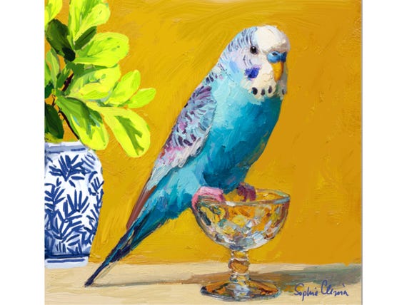 Blue Budgie Giclee Art Print: Grandmillennial Chinoiserie Decor