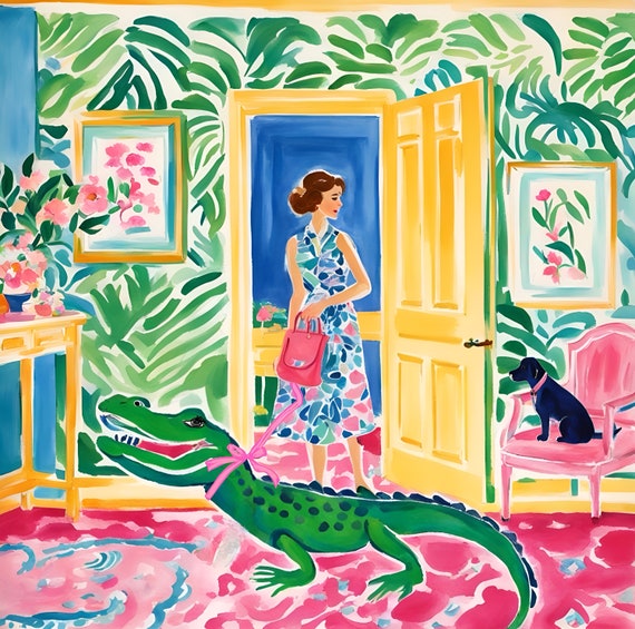 Grandmillennial art, Taking gator for a walk, whimsical fine art print