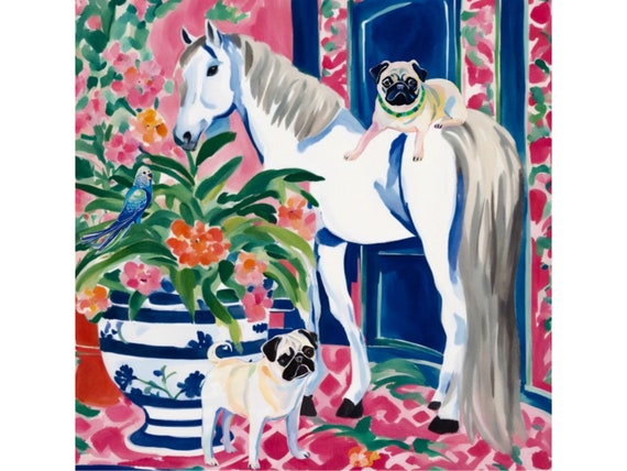 Grandmillennial art, A Yummy Bouquet, whimsical horse art