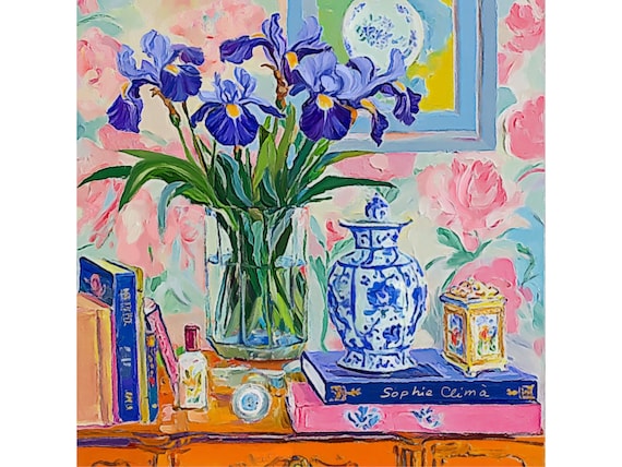 grandmillennial art, Wild Irises and blue and white ceramics, still life