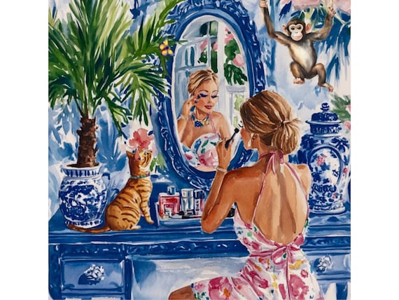 Grandmillennial art, Getting Ready, whimsical watercolor and pen sketch