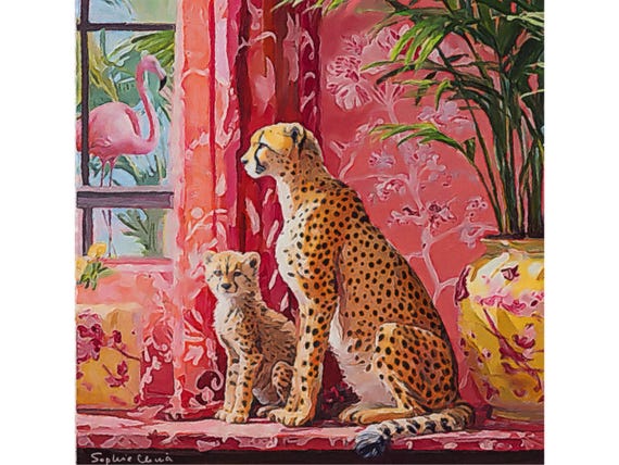 Preppy cheetahs in pink and orange chinoiserie interior, whimsical cheetah and flamingo art