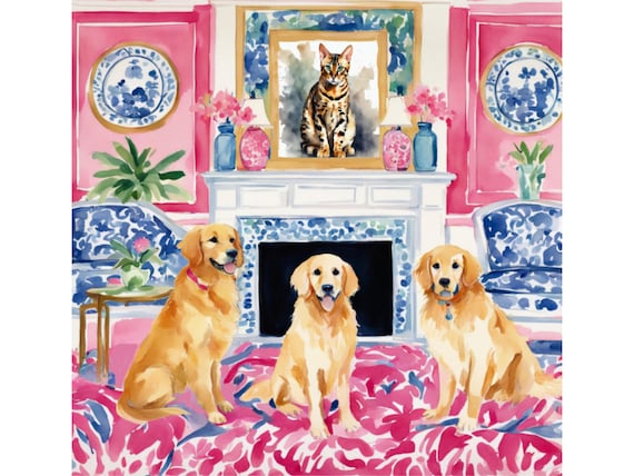 Grandmillennial art, Three Golden Retrievers in preppy pink interior, preppy whimsical watercolor
