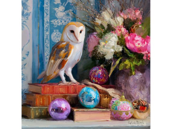 Grandmillennial art, Barn Owl and Christmas baubles, Cozy Christmas art