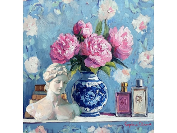 Peonies and Books Still Life Art Print: Grandmillennial Decor