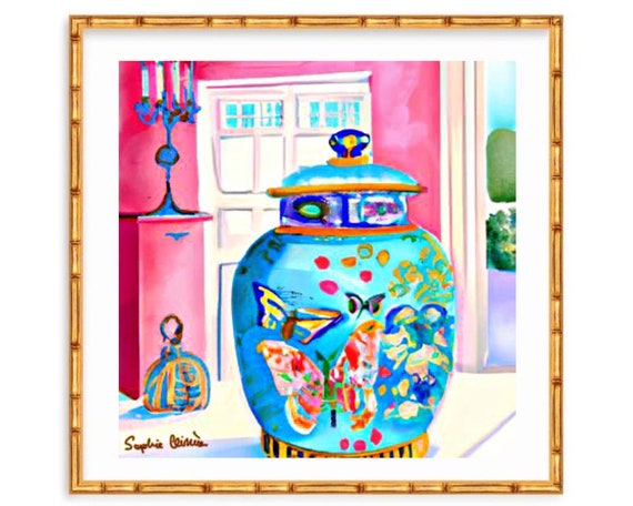 Ginger jar painting, peppy pink interior with topiary and turquoise  chinoiserie jar watercolor