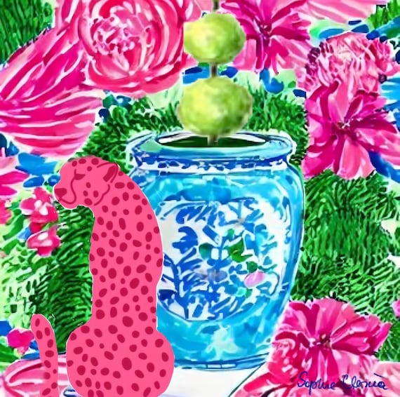 Grandmillennial art, Unique modern chinoiserie print with pink cheetah