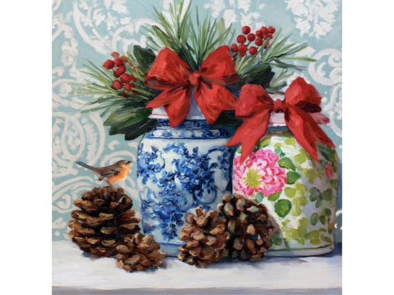 Christmas Still Life Giclée Print: Ginger Jars, Robin and Pine Cones