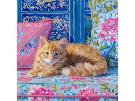 Grandmillennial art, Ginger in blue interior, whimsical cat art