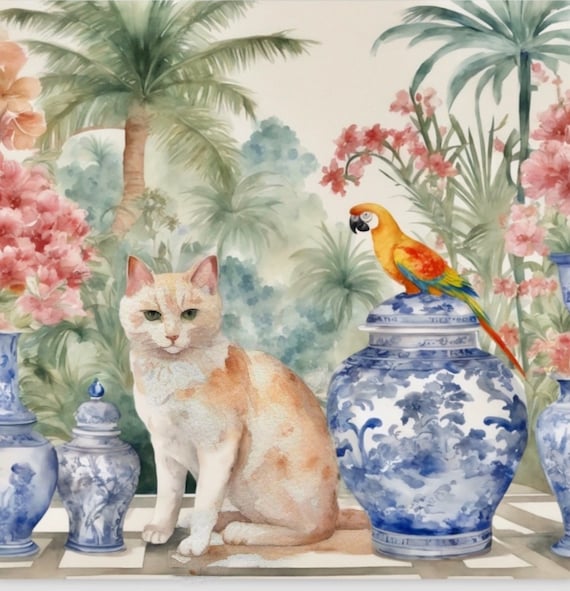 Large watercolor, ginger cat and macaw parrot in chinoiserie landscape