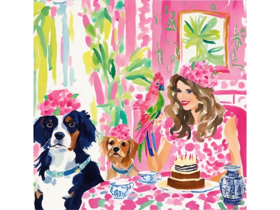 Grandmillennial art, Girls in Matching Outfits, whimsical preppy wall art