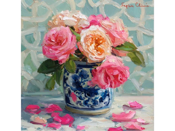 Tea Roses in ginger jar and white chinoiserie lattice, grandmillennial art, oil painting