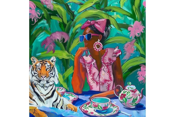 Grandmillennial art, When tiger came for tea, whimsical fine art