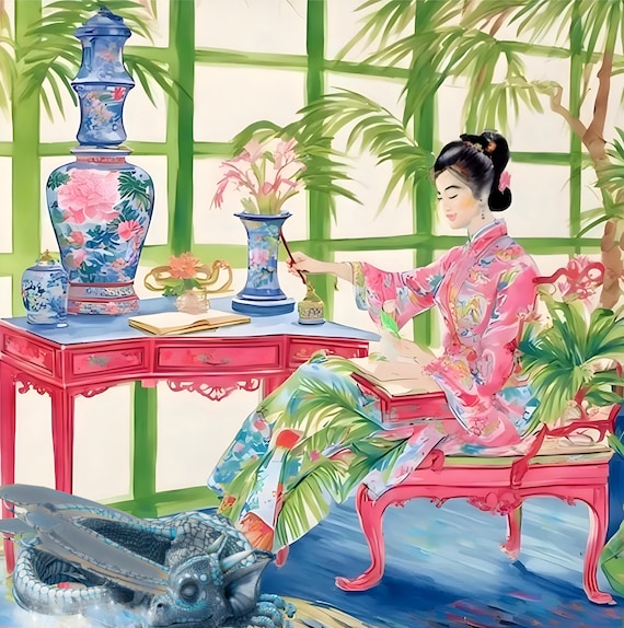 Grandmillennial art, The painter and the sleeping dragon, digital download