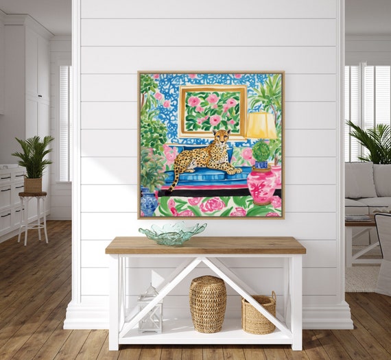 Grandmillennial art, Cheetah and pink flamingo in preppy chinoiserie interior, whimsical watercolor