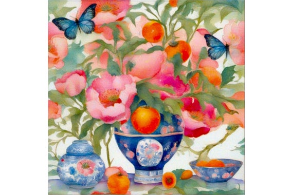 Grandmillennial art, Poppies and fruits in blue and white chinoiserie jar, watercolor painting